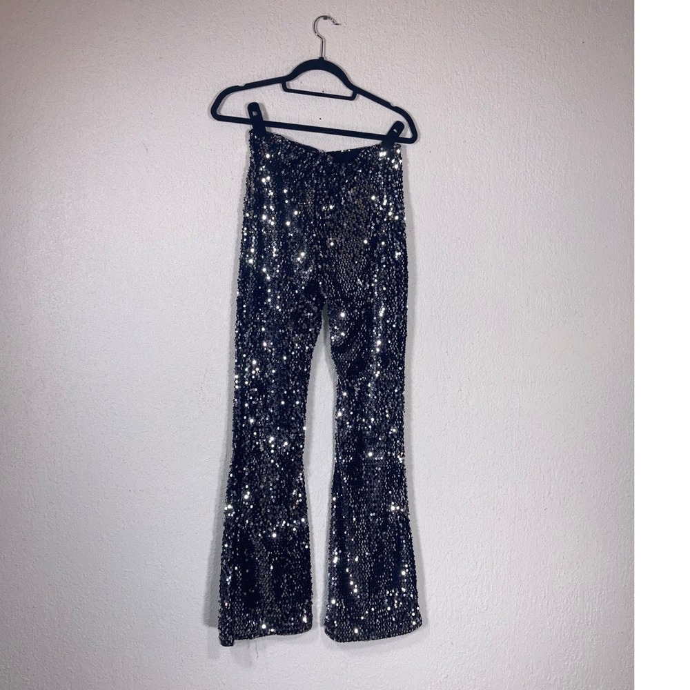 No Boundaries Womens Silver Sequin Flare Pants Black Metallic Bell Bottoms S 4-6 - Picture 2 of 7